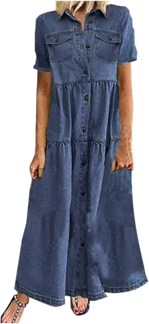 Denim Dress for Women Button Down Long Shirt Vacation Dresses Tiered Casual Summer Solid Color Trendy A-Line Dress