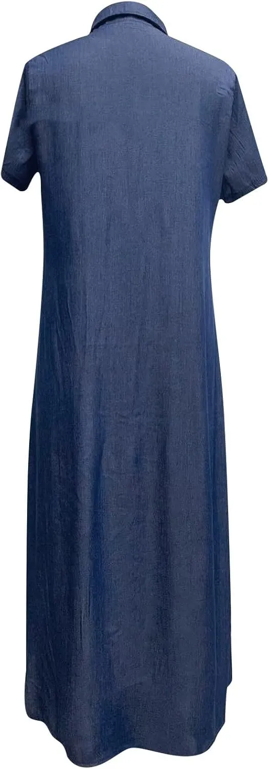 Denim Dress for Women Button Down Long Shirt Vacation Dresses Tiered Casual Summer Solid Color Trendy A-Line Dress