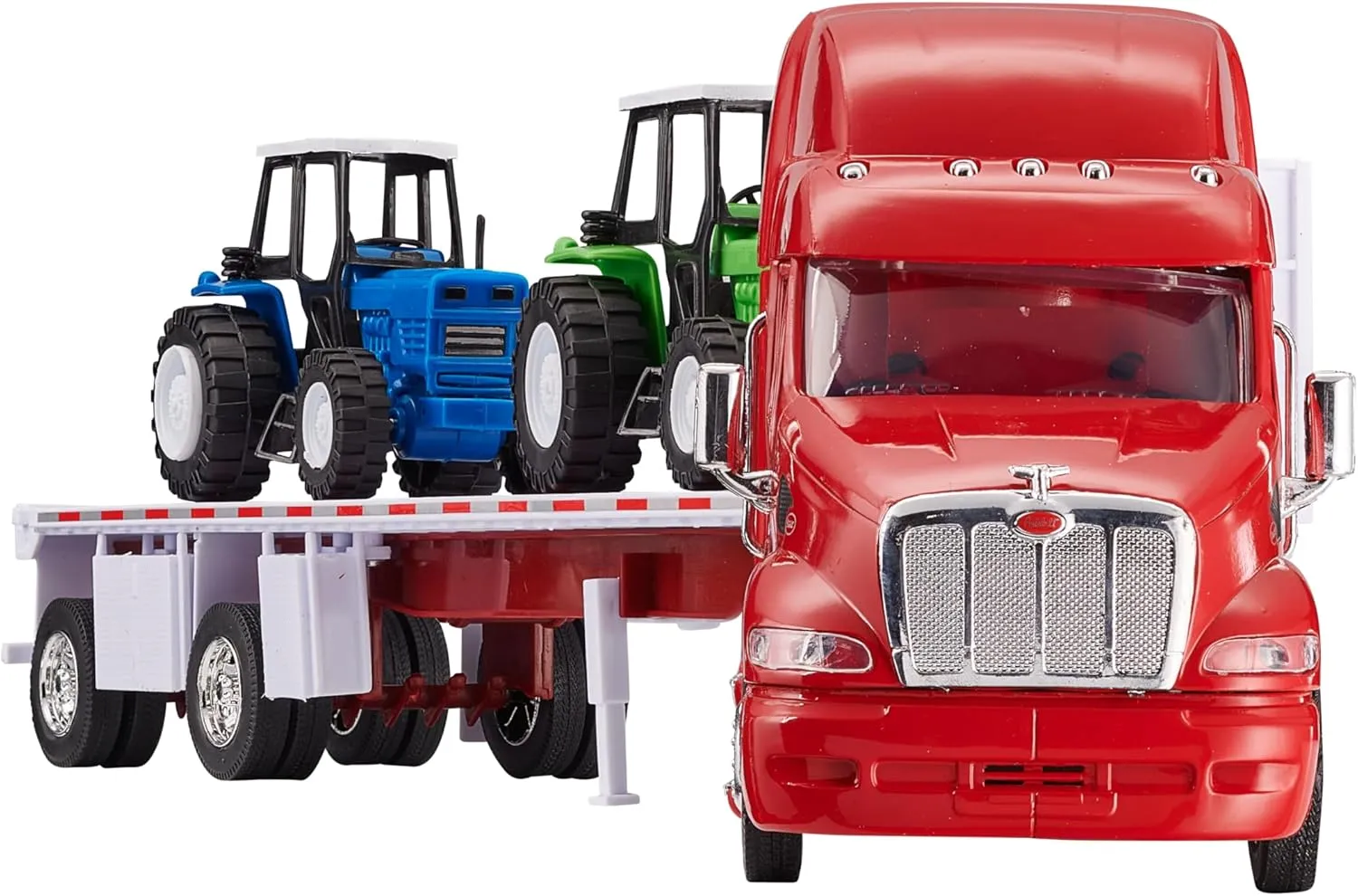 Diecast Model Toy Truck, Red Peterbilt 387 Flatbed Tractor Trailer with 2 Farm Tractors, Opening Doors, Interactive 1:32 Scale