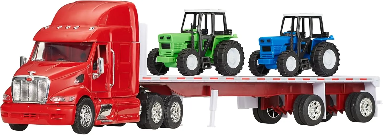 Diecast Model Toy Truck, Red Peterbilt 387 Flatbed Tractor Trailer with 2 Farm Tractors, Opening Doors, Interactive 1:32 Scale