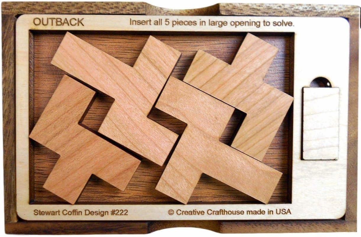 Difficult Wooden Brain Teaser - The Outback Puzzle - 5 Pieces and Very Challenging - Wood Cover Included