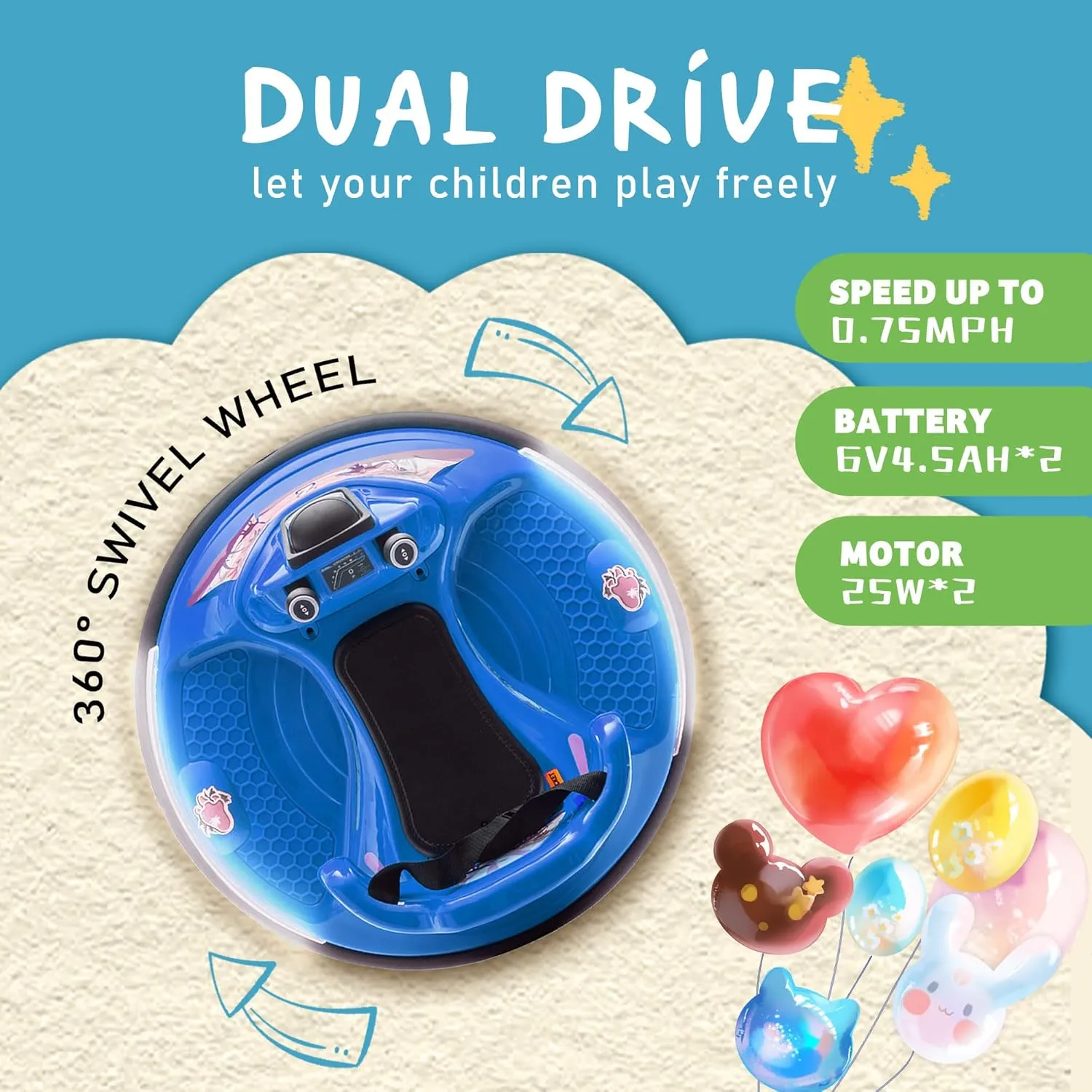 Dinosaur Kids Bumper Car, 12V Baby Bumper Car for Toddlers W/Remote Control, Electric Ride On Car with LED Lights & 360 Degree Spin, Bluetooth, Joysticks, Safety Belt, Blue