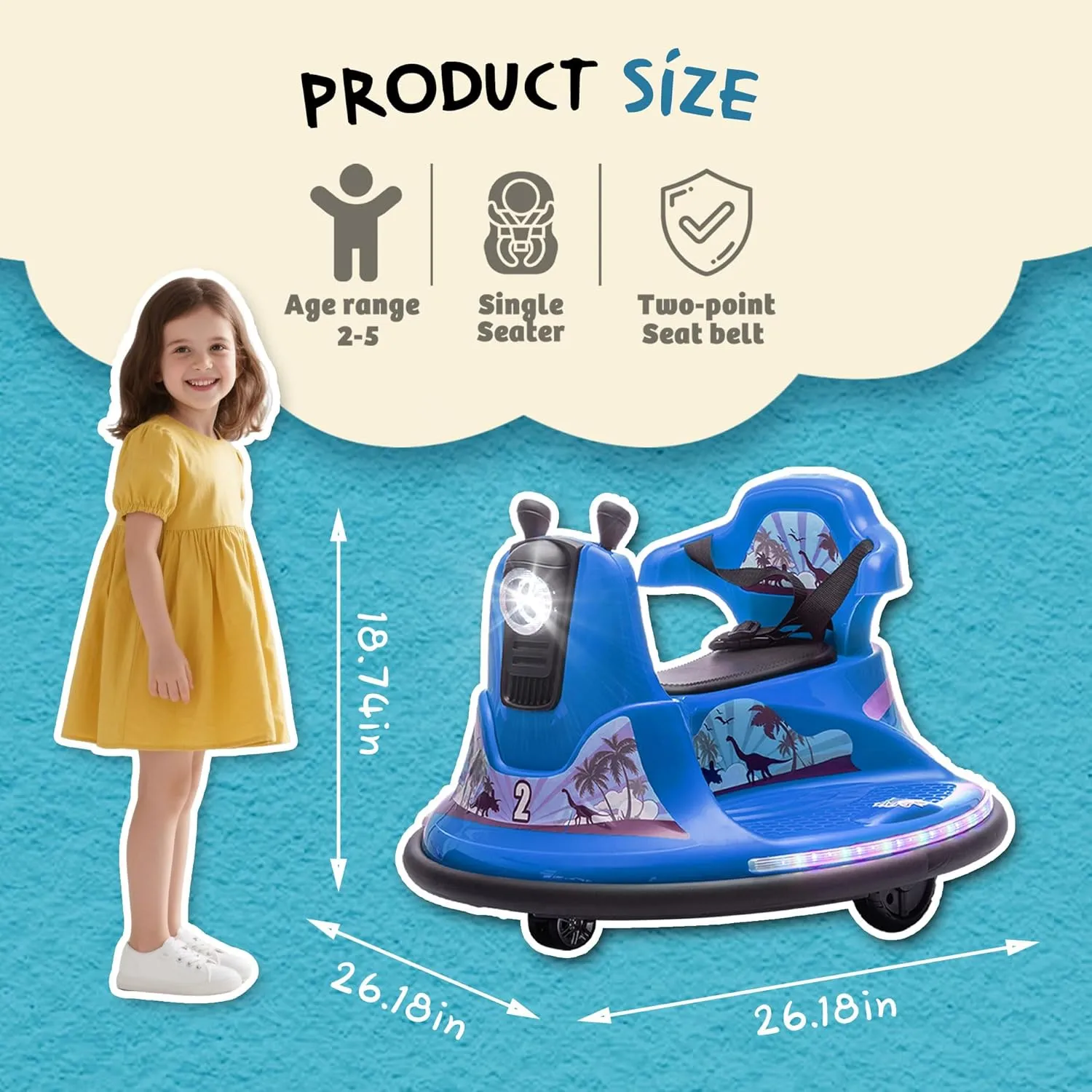Dinosaur Kids Bumper Car, 12V Baby Bumper Car for Toddlers W/Remote Control, Electric Ride On Car with LED Lights & 360 Degree Spin, Bluetooth, Joysticks, Safety Belt, Blue