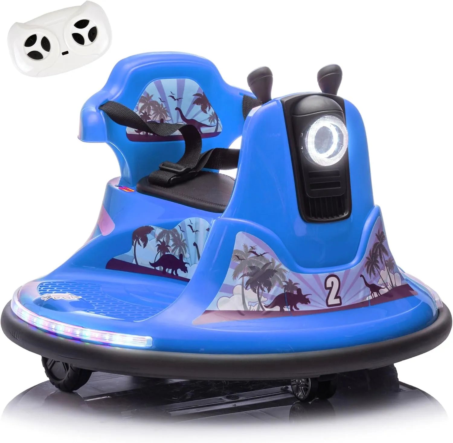Dinosaur Kids Bumper Car, 12V Baby Bumper Car for Toddlers W/Remote Control, Electric Ride On Car with LED Lights & 360 Degree Spin, Bluetooth, Joysticks, Safety Belt, Blue