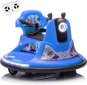Dinosaur Kids Bumper Car, 12V Baby Bumper Car for Toddlers W/Remote Control, Electric Ride On Car with LED Lights & 360 Degree Spin, Bluetooth, Joysticks, Safety Belt, Blue