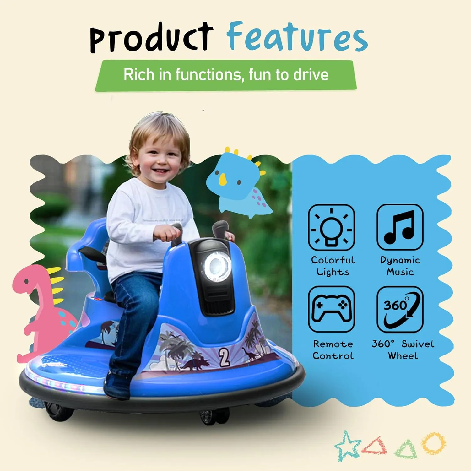Dinosaur Kids Bumper Car, 12V Baby Bumper Car for Toddlers W/Remote Control, Electric Ride On Car with LED Lights & 360 Degree Spin, Bluetooth, Joysticks, Safety Belt, Blue