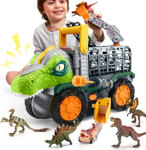 Dinosaur Toys for Kids 3-5, Big Dinosaur Truck with Small Car Set, T-Rex Truck Transport Toy with Launchers and Darts, Crane Arm & Tunnel, Toddler Birthday Gifts for 3 4 5  Year Old