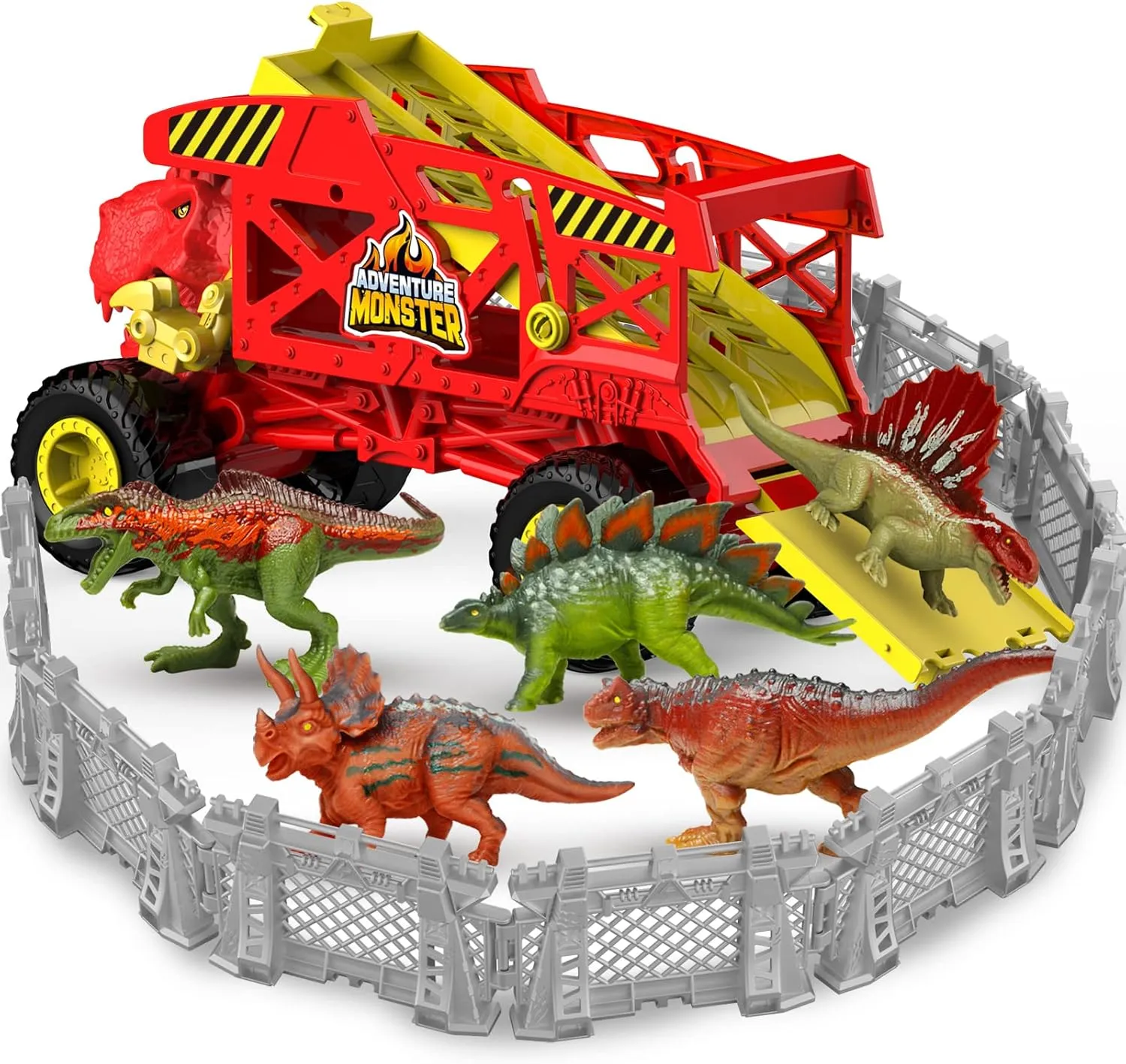 Dinosaur Toys Transport Truck Playset for Kids, Red T-Rex Mover Vehicle Carrier Truck Toys for 3 4 5 6 7 Years Old Kids, T-Rex Car Toy with 6 Dino Figures & Fences, Gift for Toddlers Boys Girls