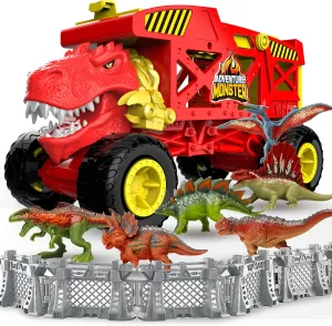Dinosaur Toys Transport Truck Playset for Kids, Red T-Rex Mover Vehicle Carrier Truck Toys for 3 4 5 6 7 Years Old Kids, T-Rex Car Toy with 6 Dino Figures & Fences, Gift for Toddlers Boys Girls