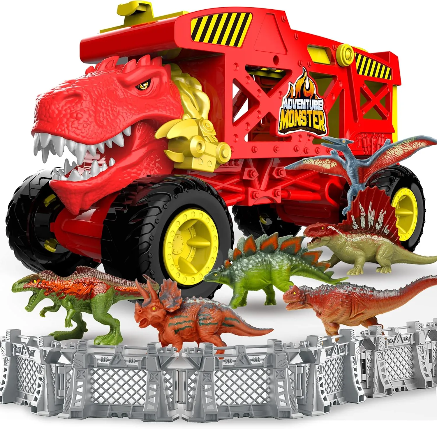 Dinosaur Toys Transport Truck Playset for Kids, Red T-Rex Mover Vehicle Carrier Truck Toys for 3 4 5 6 7 Years Old Kids, T-Rex Car Toy with 6 Dino Figures & Fences, Gift for Toddlers Boys Girls