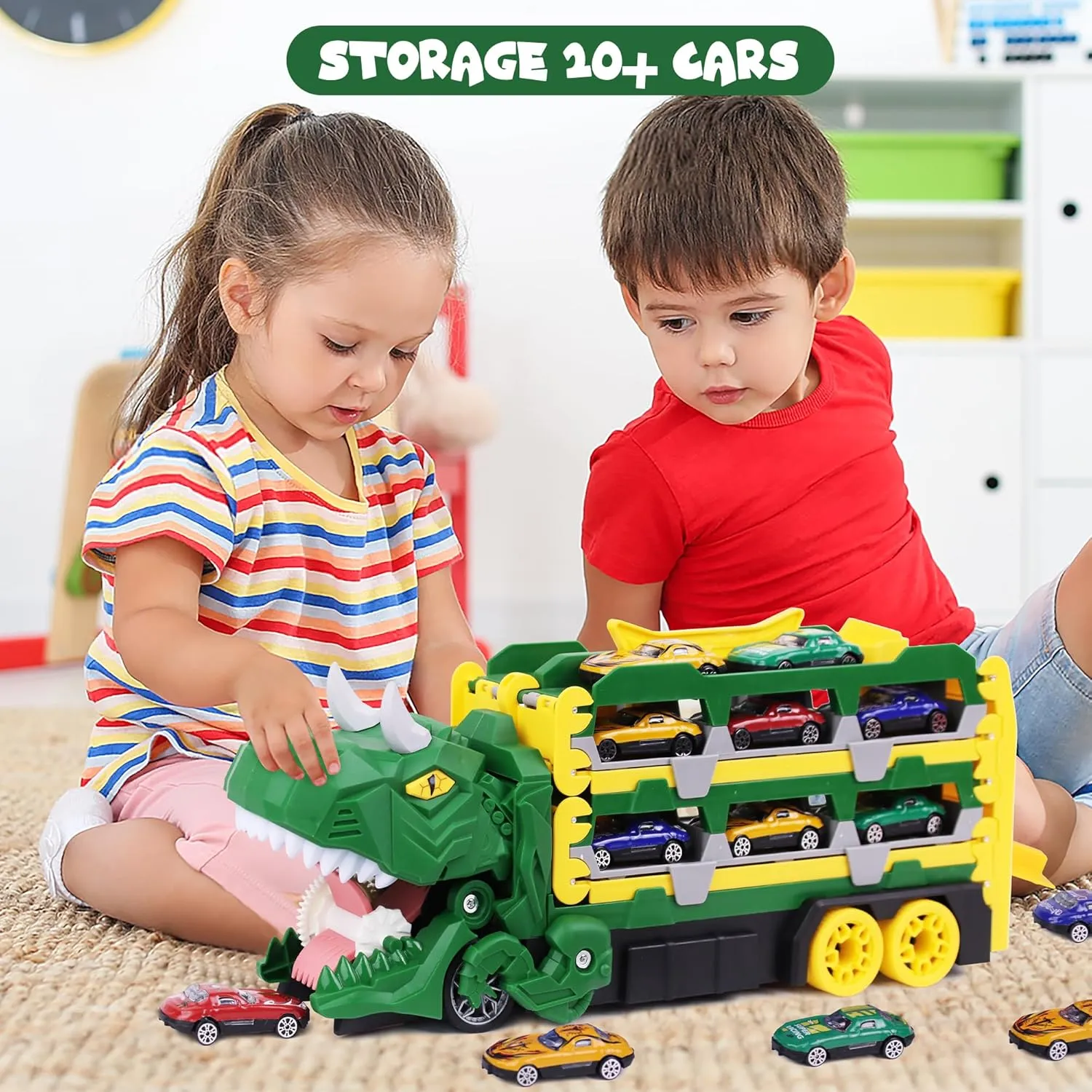 Dinosaur Truck Toys for 3-5 5-7 Years Old Boys,Dinosaur Carrier Truck with 8 Diecast Racing Cars,Dinosaur Transporter Car Race Track for Kids Girls Easter Birthday Gifts 3 4 5 6 7 Years Old (Green)