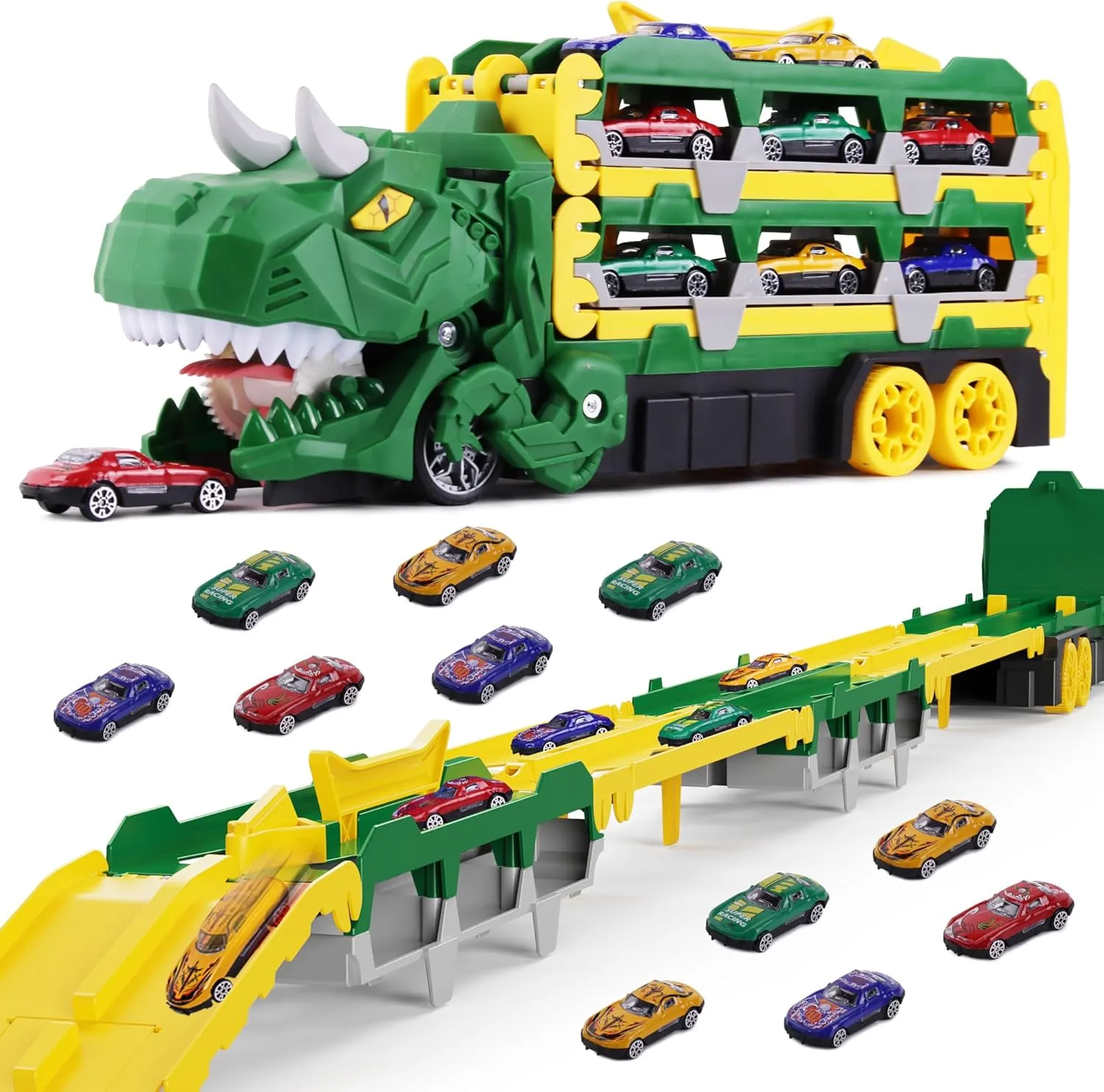 Dinosaur Truck Toys for 3-5 5-7 Years Old Boys,Dinosaur Carrier Truck with 8 Diecast Racing Cars,Dinosaur Transporter Car Race Track for Kids Girls Easter Birthday Gifts 3 4 5 6 7 Years Old (Green)