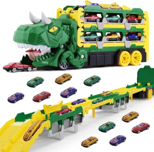 Dinosaur Truck Toys for 3-5 5-7 Years Old Boys,Dinosaur Carrier Truck with 8 Diecast Racing Cars,Dinosaur Transporter Car Race Track for Kids Girls Easter Birthday Gifts 3 4 5 6 7 Years Old (Green)