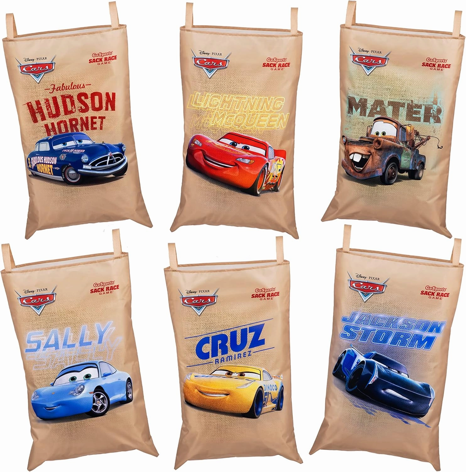 Disney Pixar Sack Race Party Games by GoSports - 6 Pack Bags for Kids - Mickey & Friends, Cars, and Roo Racers