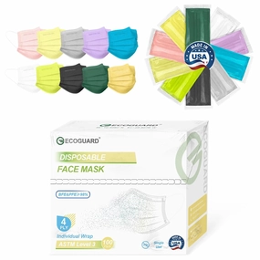 Disposable Face Masks Made in USA, 4 Ply for Families, Students, Breathable All-Day Wear & Safety, FSA HSA Eligible, ASTM Level 3 Medical Grade, 100 Pack Individual Wrap, Serene Spectrum