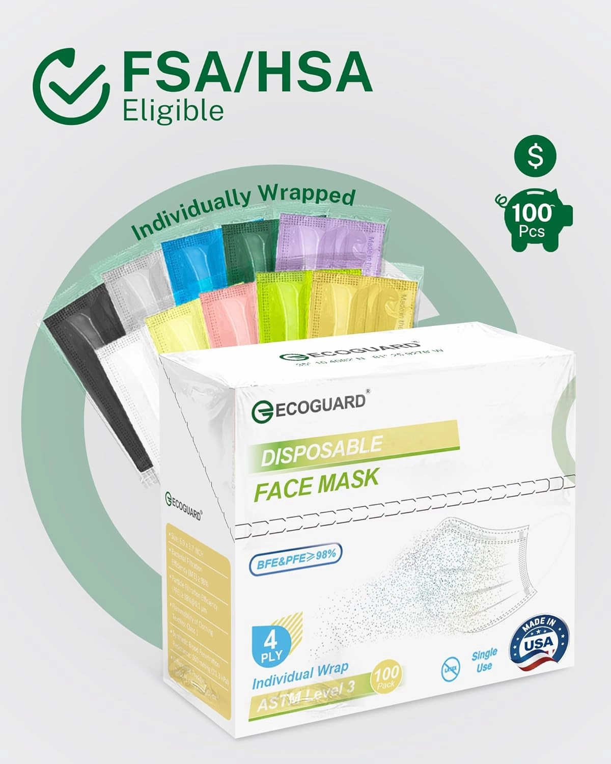 Disposable Face Masks Made in USA, 4 Ply for Families, Students, Breathable All-Day Wear & Safety, FSA HSA Eligible, ASTM Level 3 Medical Grade, 100 Pack Individual Wrap, Serene Spectrum
