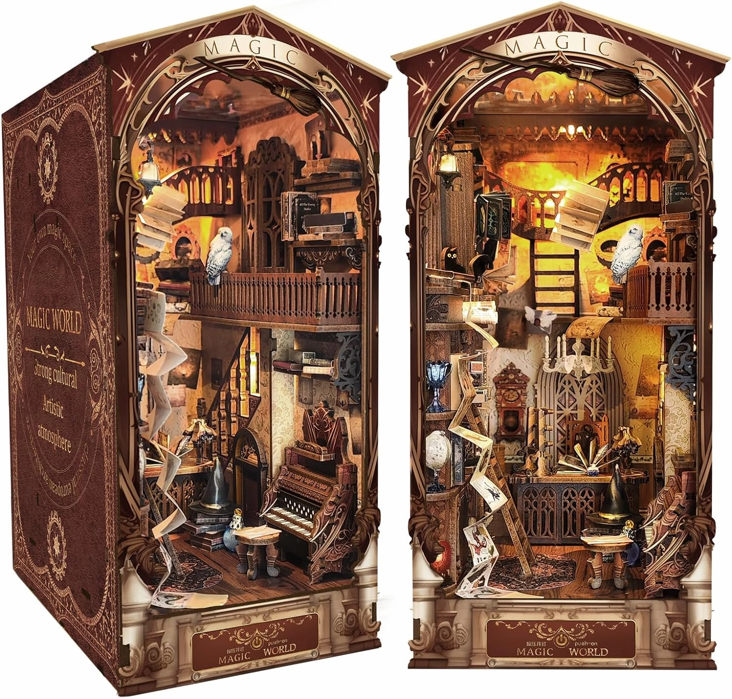 DIY Book Nook Kit - Bookend Diorama with LED - 3D Wooden Puzzle DIY Miniature House Kits - Bookshelf Insert Decor - Booknook Dollhouse Crafts Hobbies Gifts for Adults (Magical World)