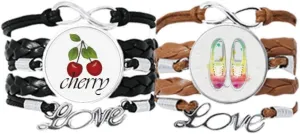 DIYthinker Colorful Hand Painted Canvas Shoes Pattern Bracelet Hand Strap Leather Rope Cherry Love Wristband Double Set