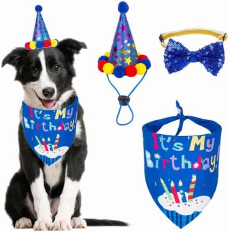 Dog Birthday Bandana Set, with Cute Doggie Birthday Party Hat and Bow Tie, for Cat and Dog Decoration(Darkblue)