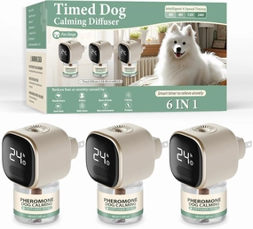 Dog Calming Pheromones Diffuser 6 in 1 Appeasing Relaxing Diffuser with Timing Function Pet Kit (3 Plug in  3 Refill 48ml) for Anxiety Relief Reduce Aggression Barking Fighting Stress (Tasteless)