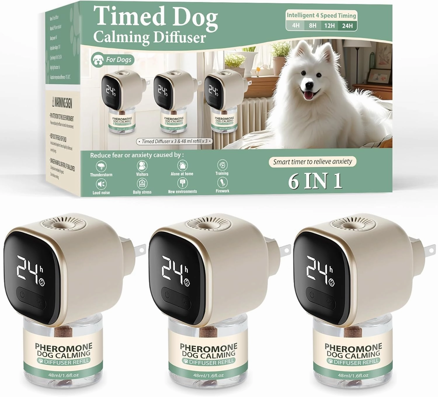 Dog Calming Pheromones Diffuser 6 in 1 Appeasing Relaxing Diffuser with Timing Function Pet Kit (3 Plug in  3 Refill 48ml) for Anxiety Relief Reduce Aggression Barking Fighting Stress (Tasteless)