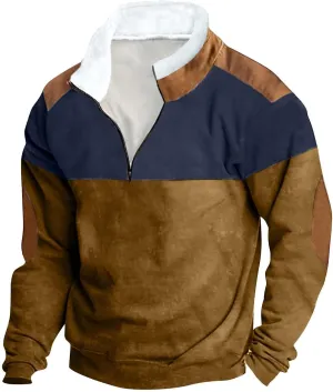 DOLKFU Men's Hoodies 1/4 Zipper Stand Collar Sweatshirts Sherpa Lined Fleece Loose Fit Pullover Tops With Elbow Patches