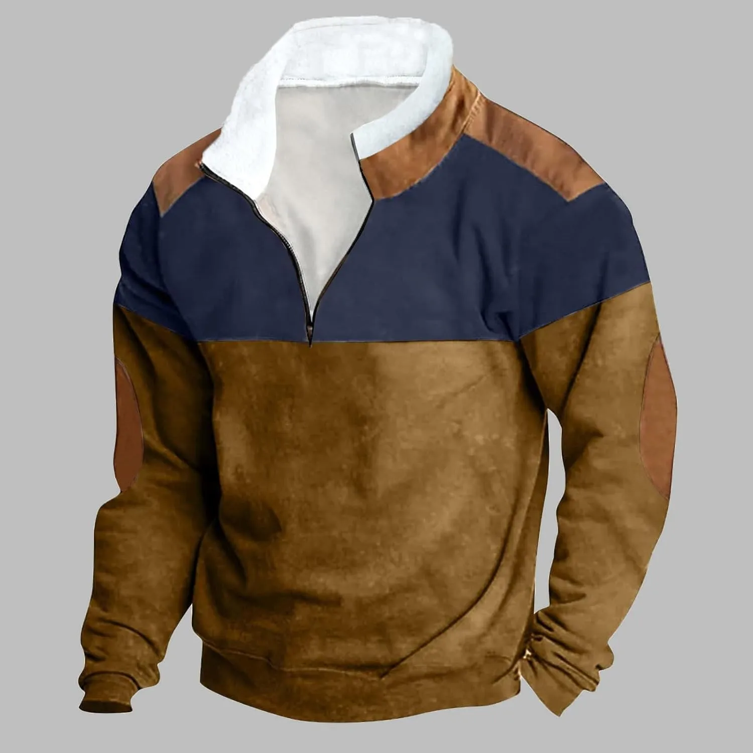 DOLKFU Men's Hoodies 1/4 Zipper Stand Collar Sweatshirts Sherpa Lined Fleece Loose Fit Pullover Tops With Elbow Patches