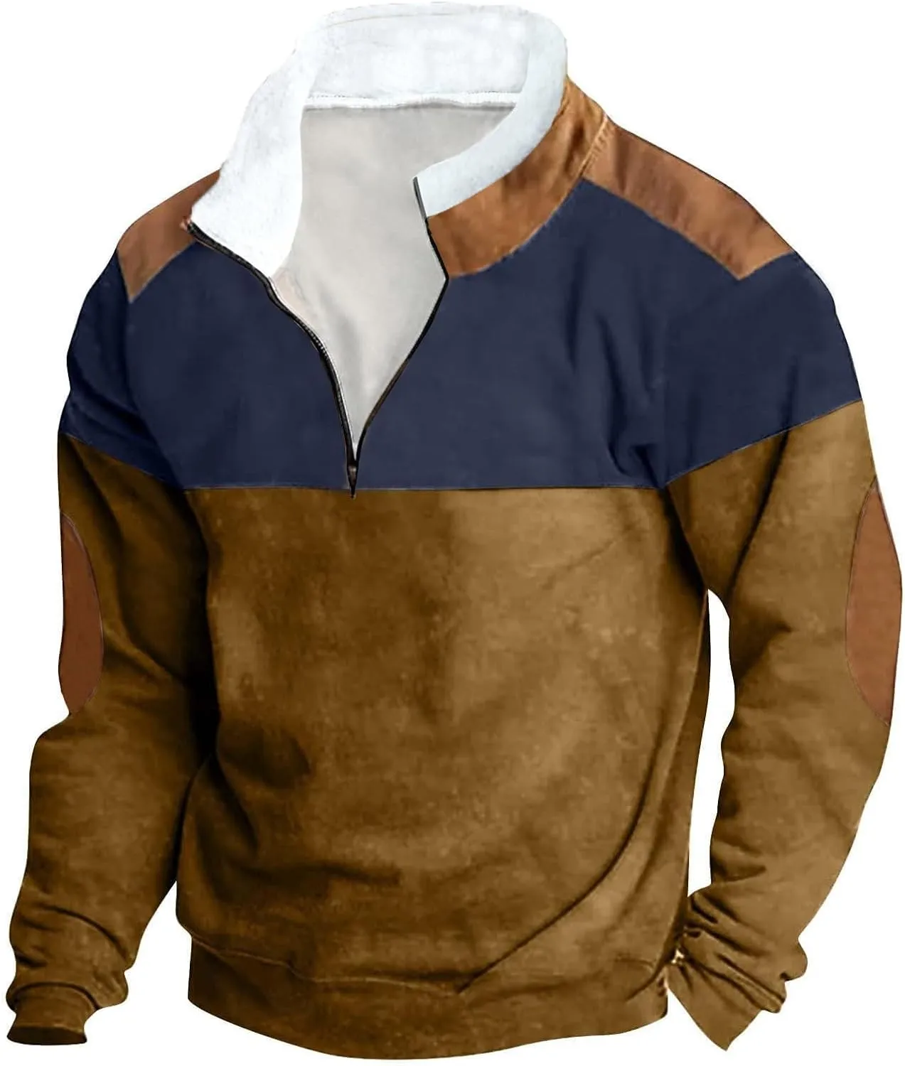 DOLKFU Men's Hoodies 1/4 Zipper Stand Collar Sweatshirts Sherpa Lined Fleece Loose Fit Pullover Tops With Elbow Patches