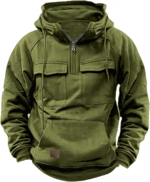 DOLKFU Men's Tactical Hoodies Quarter Zip Cargo Hooded Pullover Vintage Active Loose Long Sleeve Casual Sweatshirts