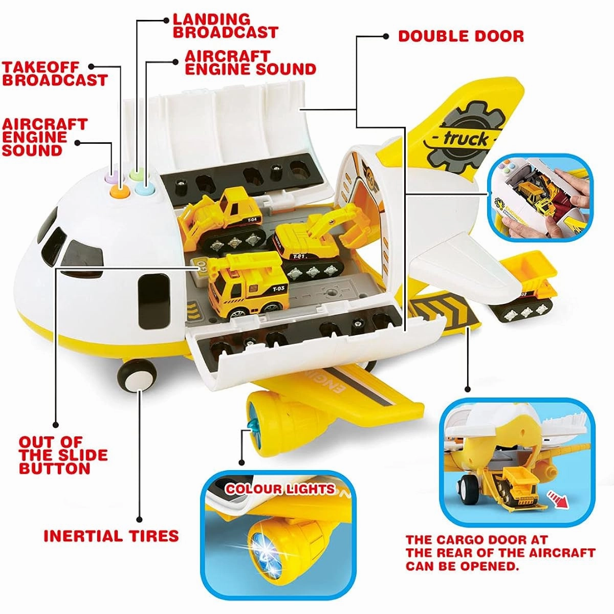 Dwi Dowellin Construction Plane Toy, Car Toy Set with Lights and Sounds, Best Birthday Gift for 3, 4, 5, 6 Year Old Boys (Medium Size)