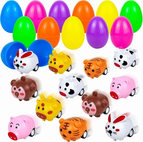 Easter Egg Fillers with Pull Back Cars, Easter Basket Stuffers for Toddler Kids, 12 Pcs Mini Little Vehicles Animal Car Toys & 12 Pcs Easter Eggs for Party Favors Egg Hunt Easter Egg Stuffer