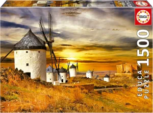 Educa - Spanish Sunset - Windmills, Consuegra - 1500 Piece Jigsaw Puzzle - Puzzle Glue Included - Completed Image Measures 33.46" x 23.6" - Ages 14  (19618)