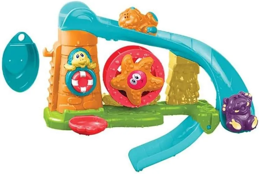 Edushape Tub Fun Park Toddler Bath Bath Toy - Includes Hippo Elephant Starfish and Turtle for Fun and Interactive Play! Attach to Side of Bath and Watch Water Spray Out Like A Fountain,Multi