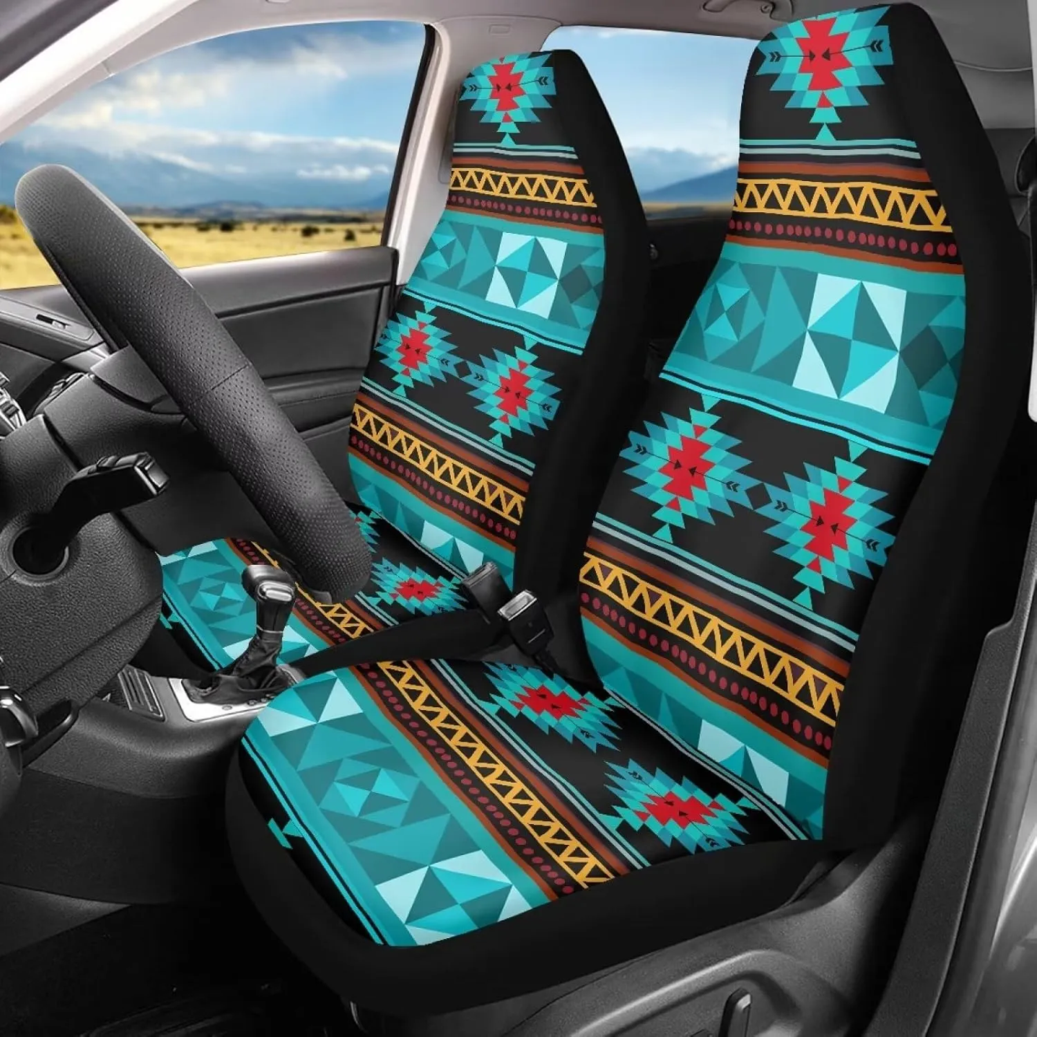 ELEQIN Aztec Turquoise Car Seat Covers Two Front Only for Car, Automotive Interior Covers, Airbag Compatible, Quick Setup Universal Fit Seat Covers for Car, Truck, SUV