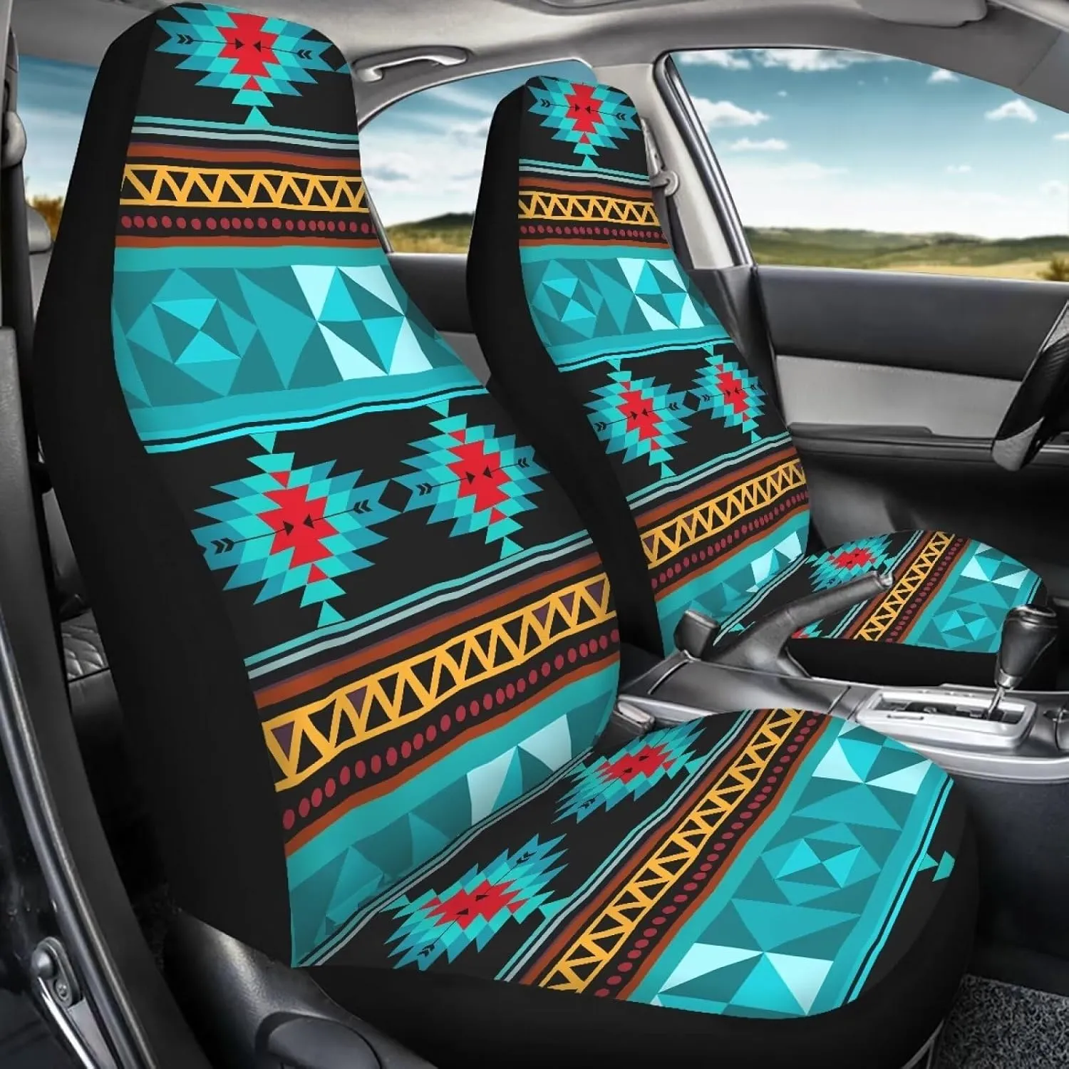 ELEQIN Aztec Turquoise Car Seat Covers Two Front Only for Car, Automotive Interior Covers, Airbag Compatible, Quick Setup Universal Fit Seat Covers for Car, Truck, SUV
