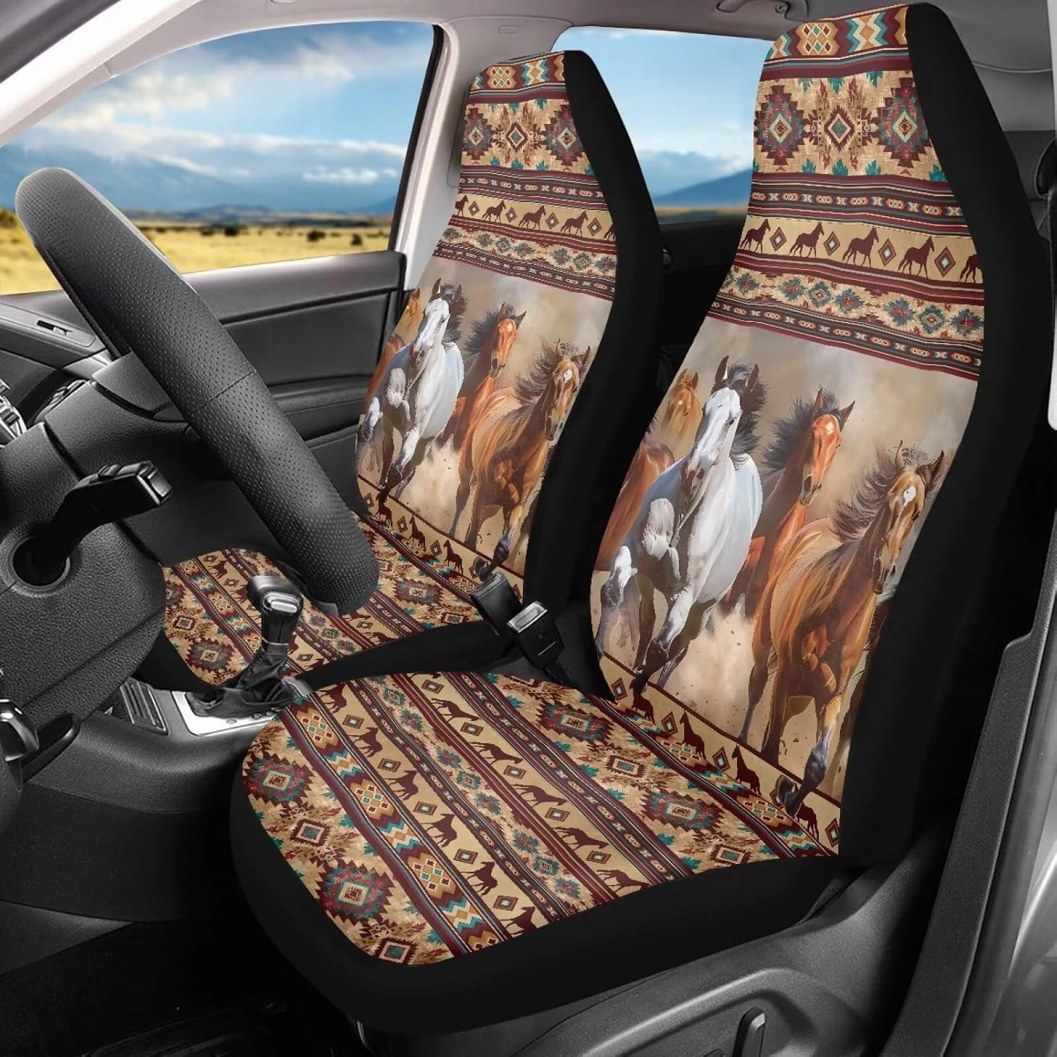 ELEQIN Aztec Horse Car Seat Covers Two Front Only for Car, Automotive Interior Covers, Airbag Compatible, Quick Setup Universal Fit Seat Covers for Car, Truck, SUV