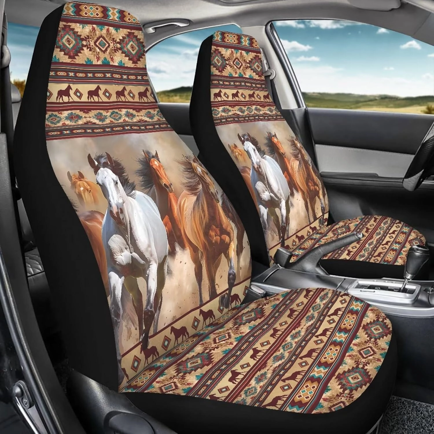 ELEQIN Aztec Horse Car Seat Covers Two Front Only for Car, Automotive Interior Covers, Airbag Compatible, Quick Setup Universal Fit Seat Covers for Car, Truck, SUV