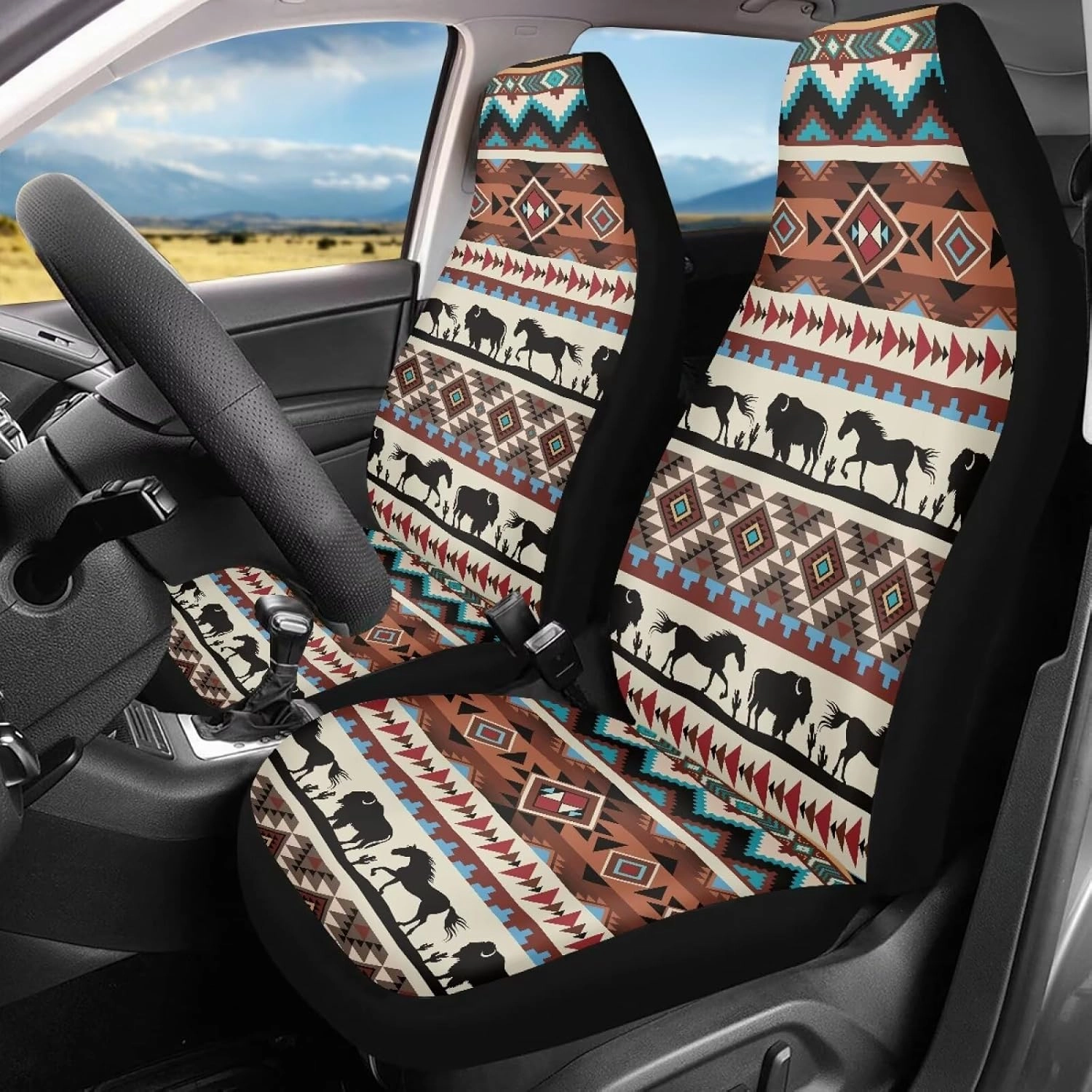ELEQIN Aztec Horse Yak Car Seat Covers, Front Car Seat Cushion, 2 PCS Canvas Auto Cushion Protector Universal Fit Most Cars, Automotive Interior Decor