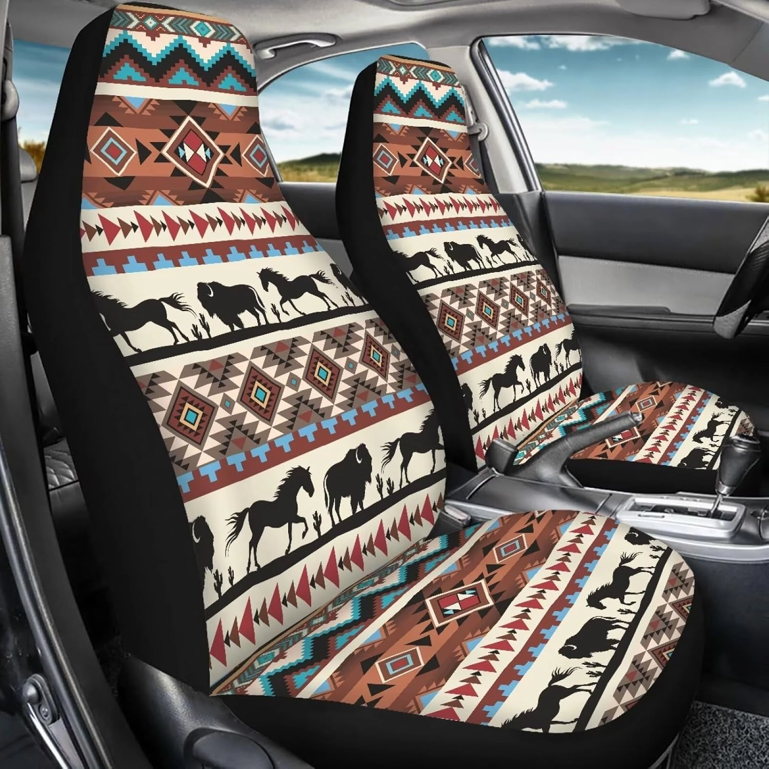 ELEQIN Aztec Horse Yak Car Seat Covers, Front Car Seat Cushion, 2 PCS Canvas Auto Cushion Protector Universal Fit Most Cars, Automotive Interior Decor