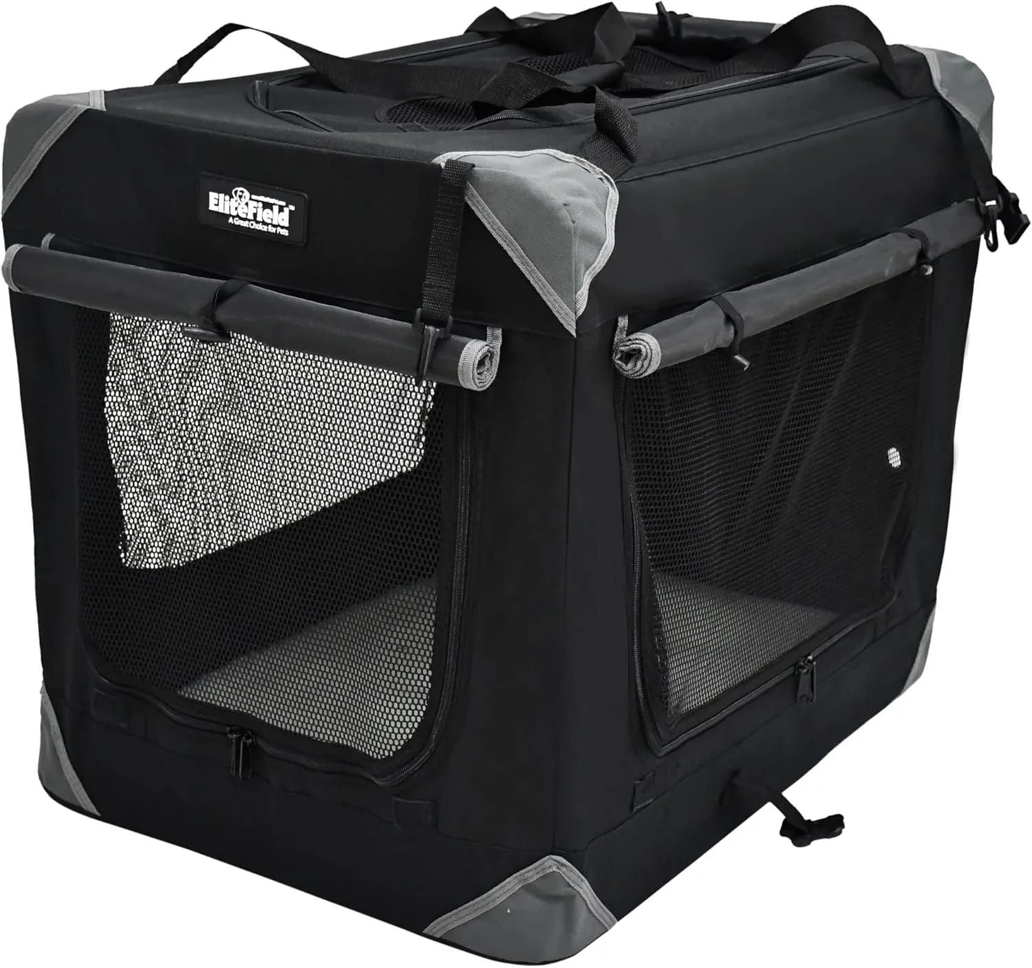 EliteField 4-Door Folding Soft Dog Crate with Curtains, Carrying Bag and Fleece Bed (2 Year Warranty), Indoor & Outdoor Pet Home (42" L x 28" W x 32" H, Black 4 Door Curtains)