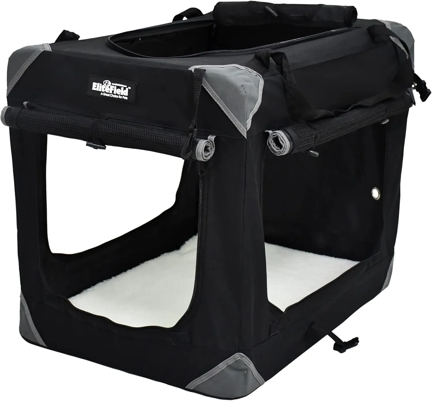 EliteField 4-Door Folding Soft Dog Crate with Curtains, Carrying Bag and Fleece Bed (2 Year Warranty), Indoor & Outdoor Pet Home (42" L x 28" W x 32" H, Black 4 Door Curtains)