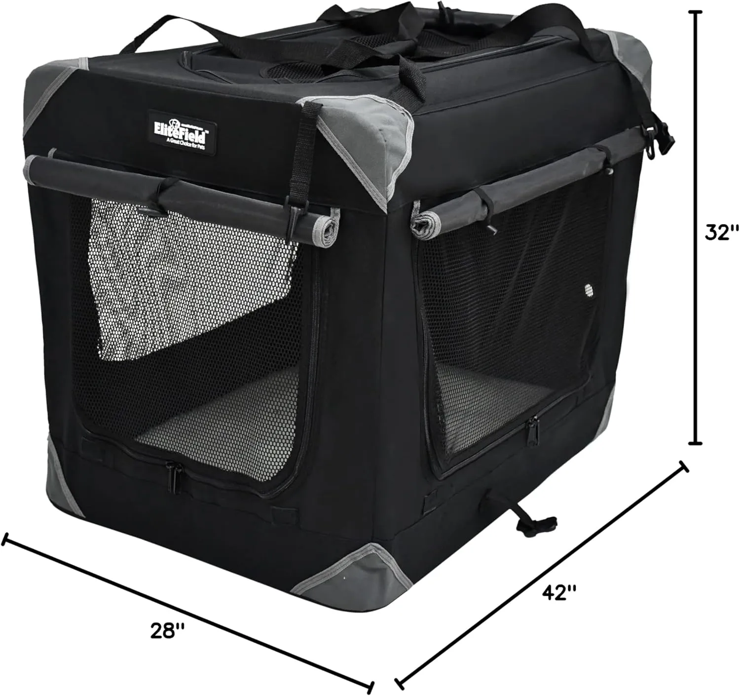 EliteField 4-Door Folding Soft Dog Crate with Curtains, Carrying Bag and Fleece Bed (2 Year Warranty), Indoor & Outdoor Pet Home (42" L x 28" W x 32" H, Black 4 Door Curtains)