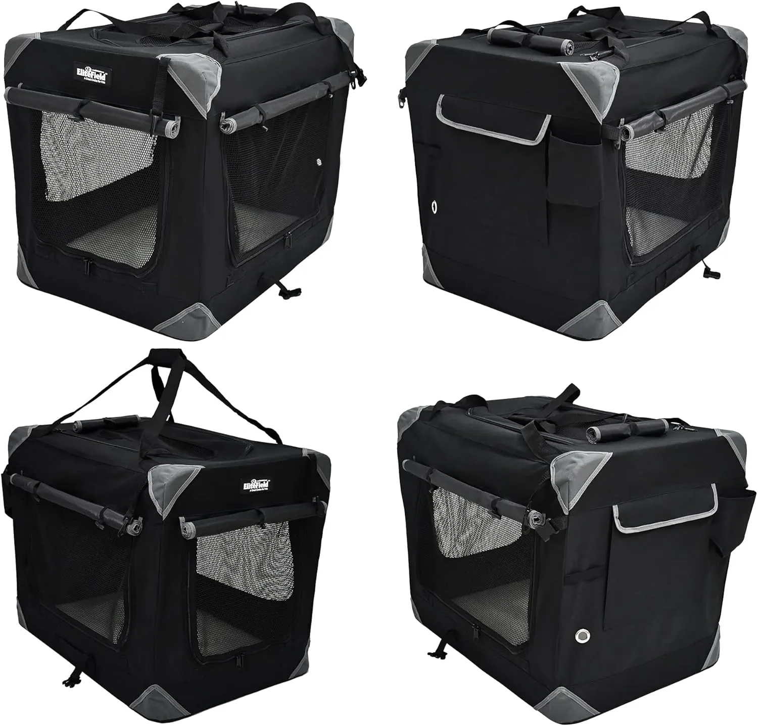 EliteField 4-Door Folding Soft Dog Crate with Curtains, Carrying Bag and Fleece Bed (2 Year Warranty), Indoor & Outdoor Pet Home (42" L x 28" W x 32" H, Black 4 Door Curtains)