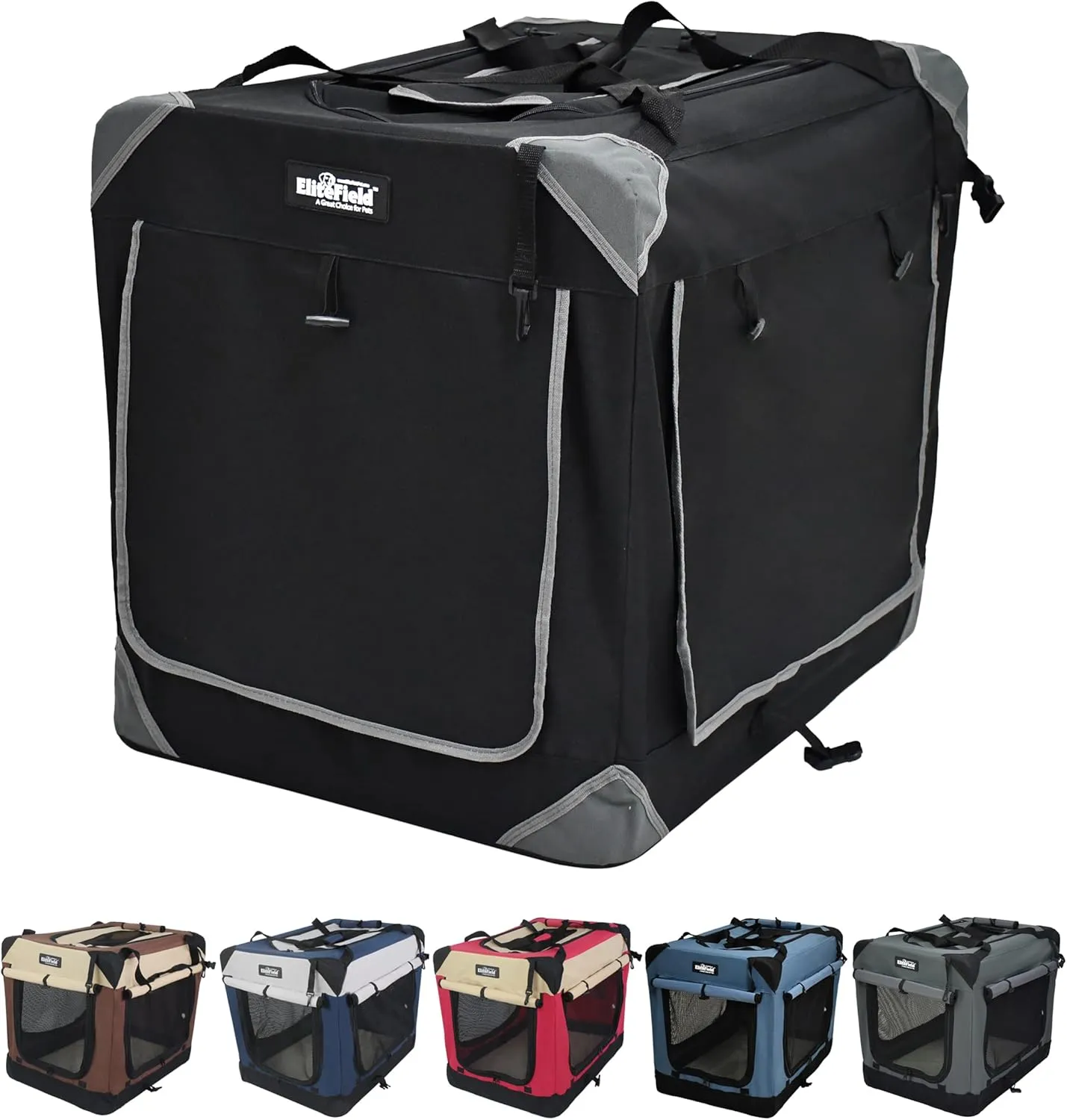 EliteField 4-Door Folding Soft Dog Crate with Curtains, Carrying Bag and Fleece Bed (2 Year Warranty), Indoor & Outdoor Pet Home (42" L x 28" W x 32" H, Black 4 Door Curtains)