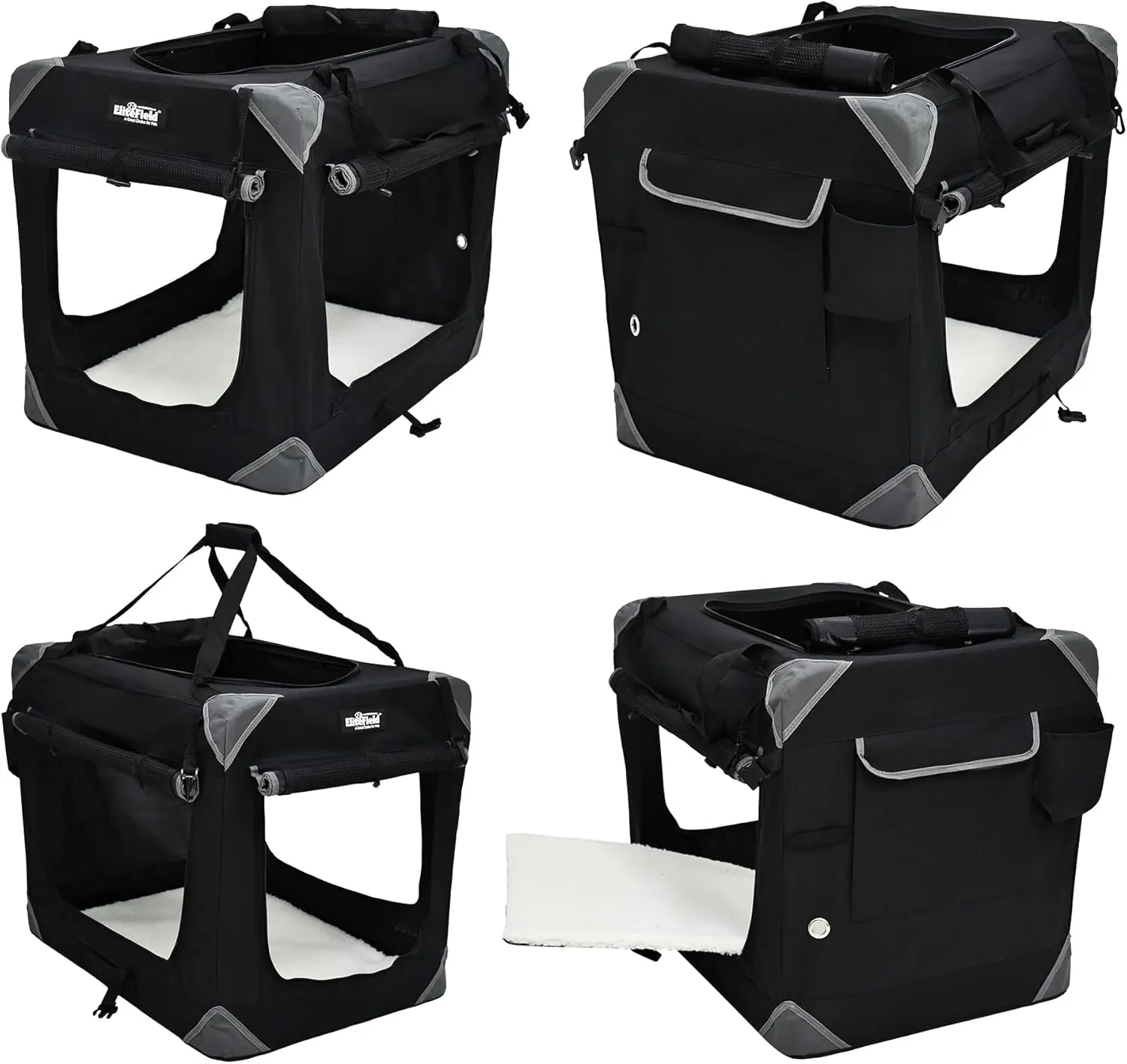 EliteField 4-Door Folding Soft Dog Crate with Curtains, Carrying Bag and Fleece Bed (2 Year Warranty), Indoor & Outdoor Pet Home (42" L x 28" W x 32" H, Black 4 Door Curtains)