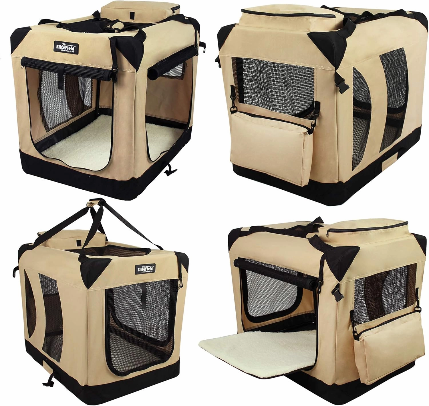 EliteField 3-Door Folding Soft Dog Crate with Carrying Bag and Fleece Bed (2 Year Warranty), Indoor & Outdoor Pet Home (42" L x 28" W x 32" H, Beige)