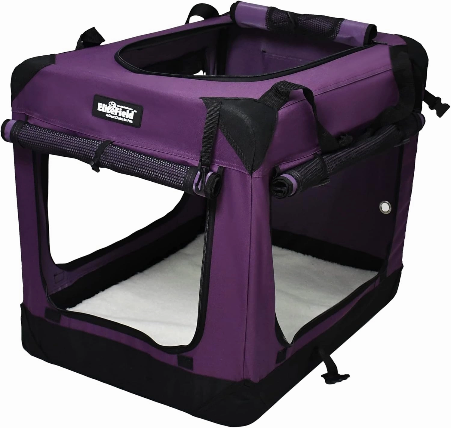 EliteField 4-Door Folding Soft Dog Crate with Curtains, Carrying Bag and Fleece Bed (2 Year Warranty), Indoor & Outdoor Pet Home (36" L x 24" W x 28" H, Purple 4 Door Curtains)