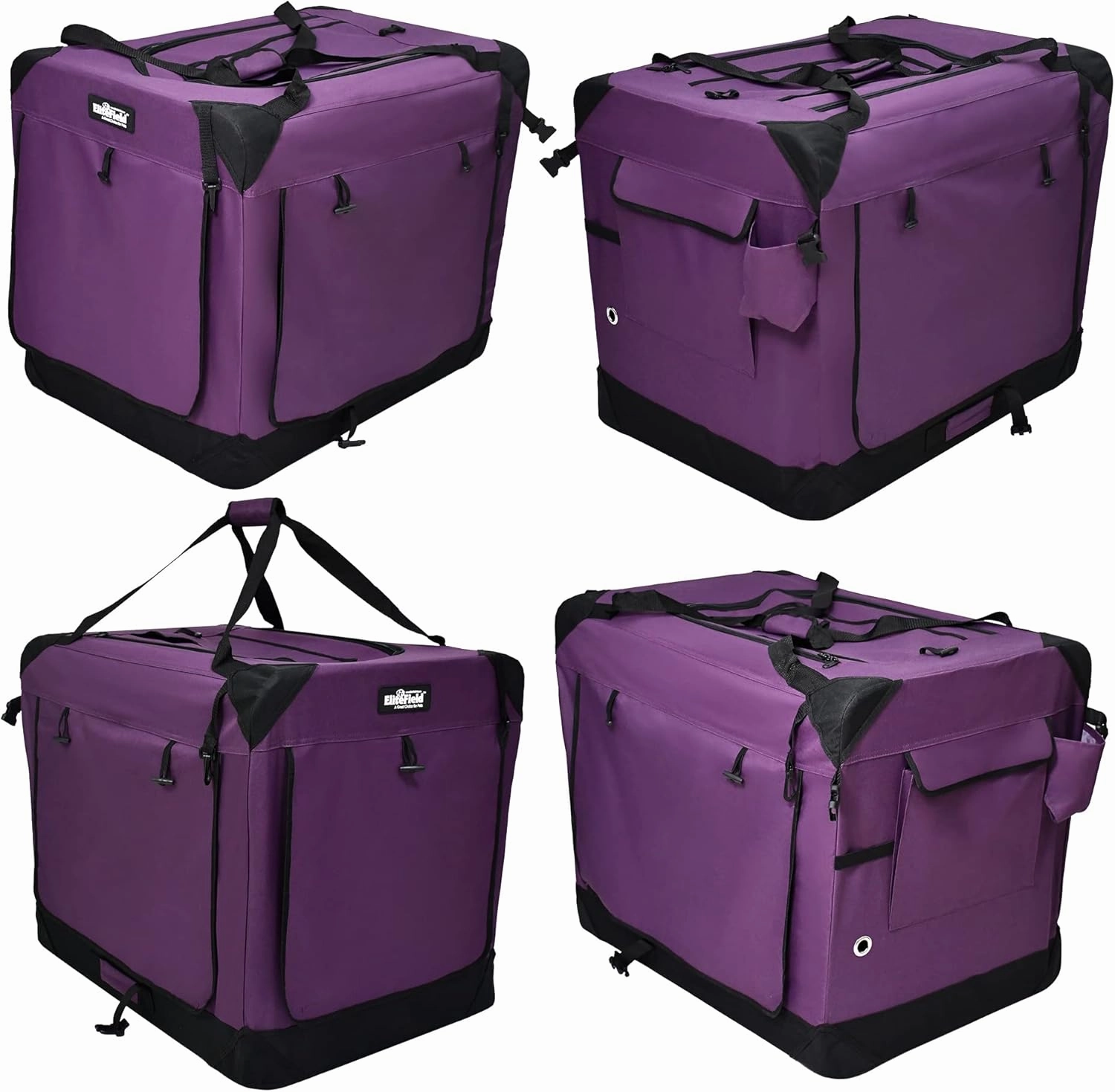 EliteField 4-Door Folding Soft Dog Crate with Curtains, Carrying Bag and Fleece Bed (2 Year Warranty), Indoor & Outdoor Pet Home (36" L x 24" W x 28" H, Purple 4 Door Curtains)