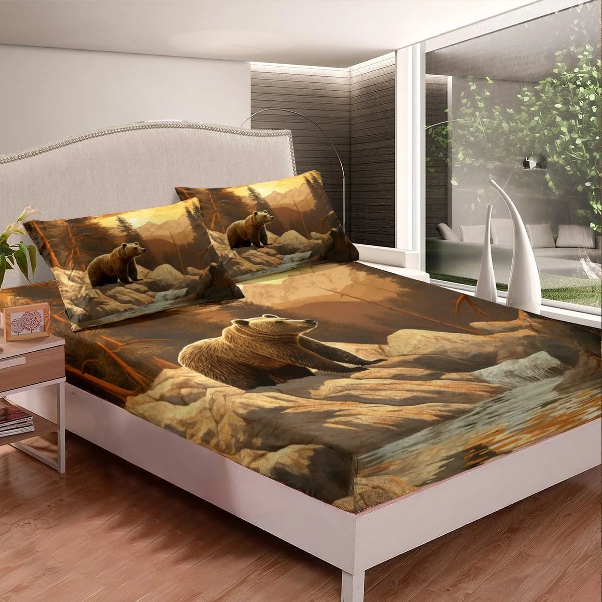 Erosebridal Bear Bed Sheet King Size,Cabin Lodge Mountain Wildlife Sheet Set for Men Women Adults,Rustic Brown Bear Sheets Jungle Stream River Print Bed Sheets Natural Landscape Home Bedroom Decor