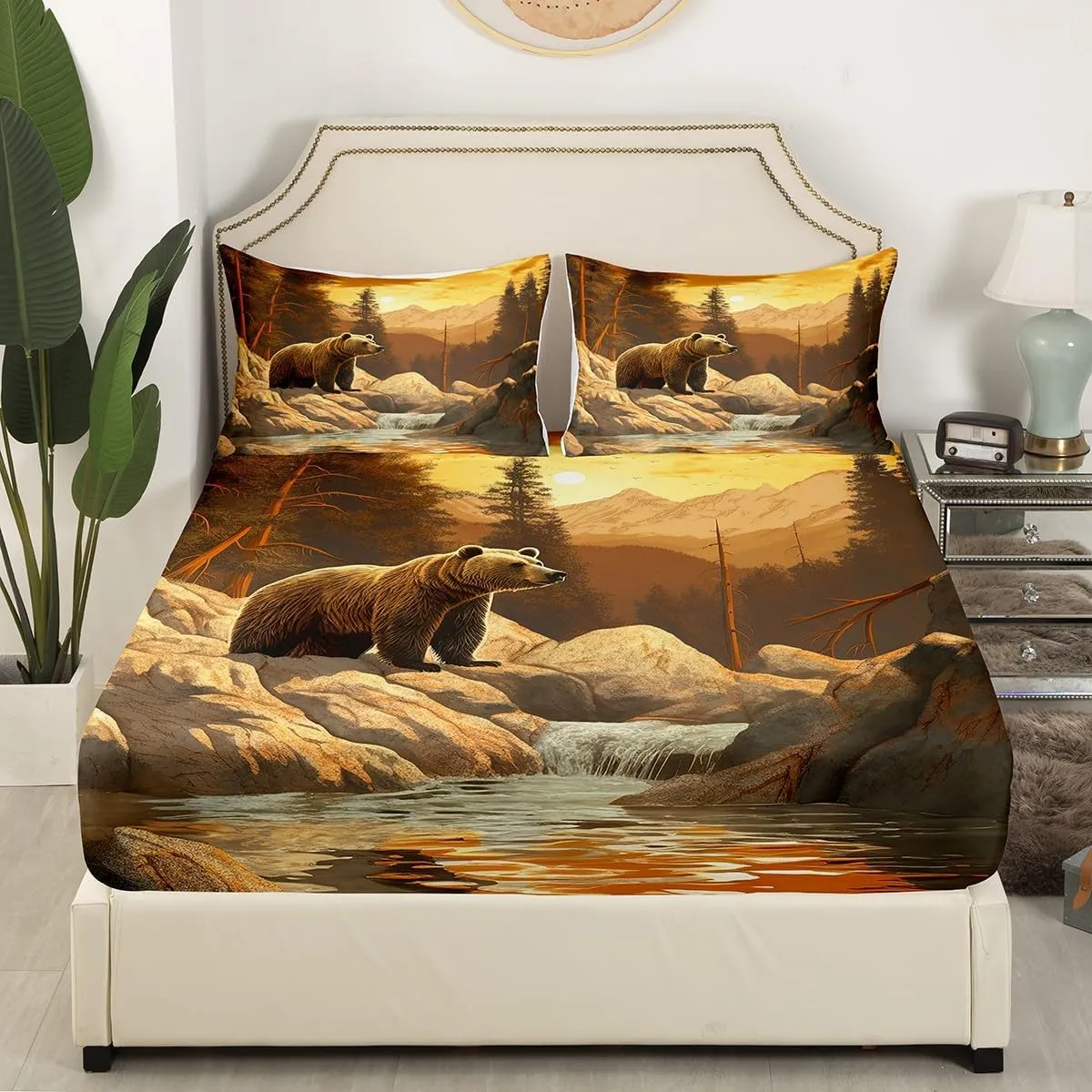 Erosebridal Bear Bed Sheet King Size,Cabin Lodge Mountain Wildlife Sheet Set for Men Women Adults,Rustic Brown Bear Sheets Jungle Stream River Print Bed Sheets Natural Landscape Home Bedroom Decor
